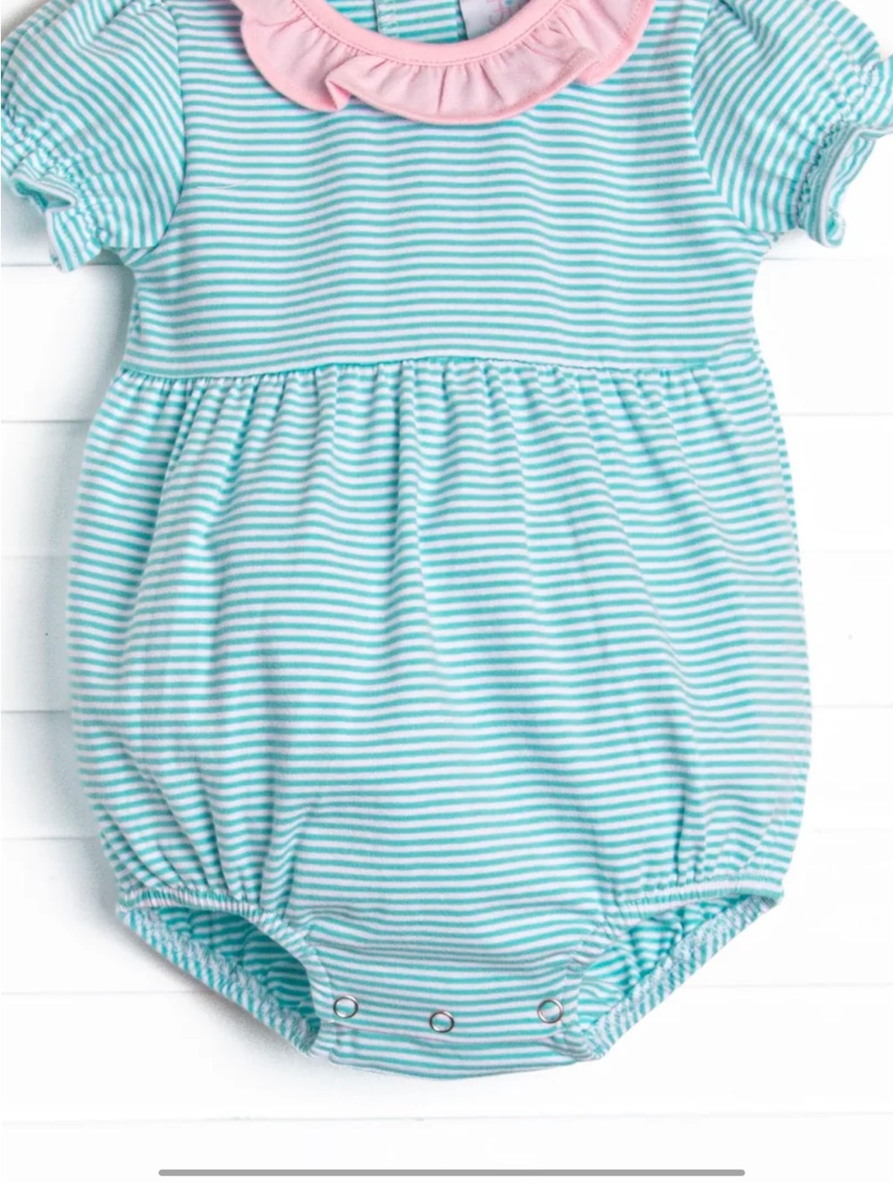 Toddler Mint Stripe One-Piece with Pink Ruffle Collar